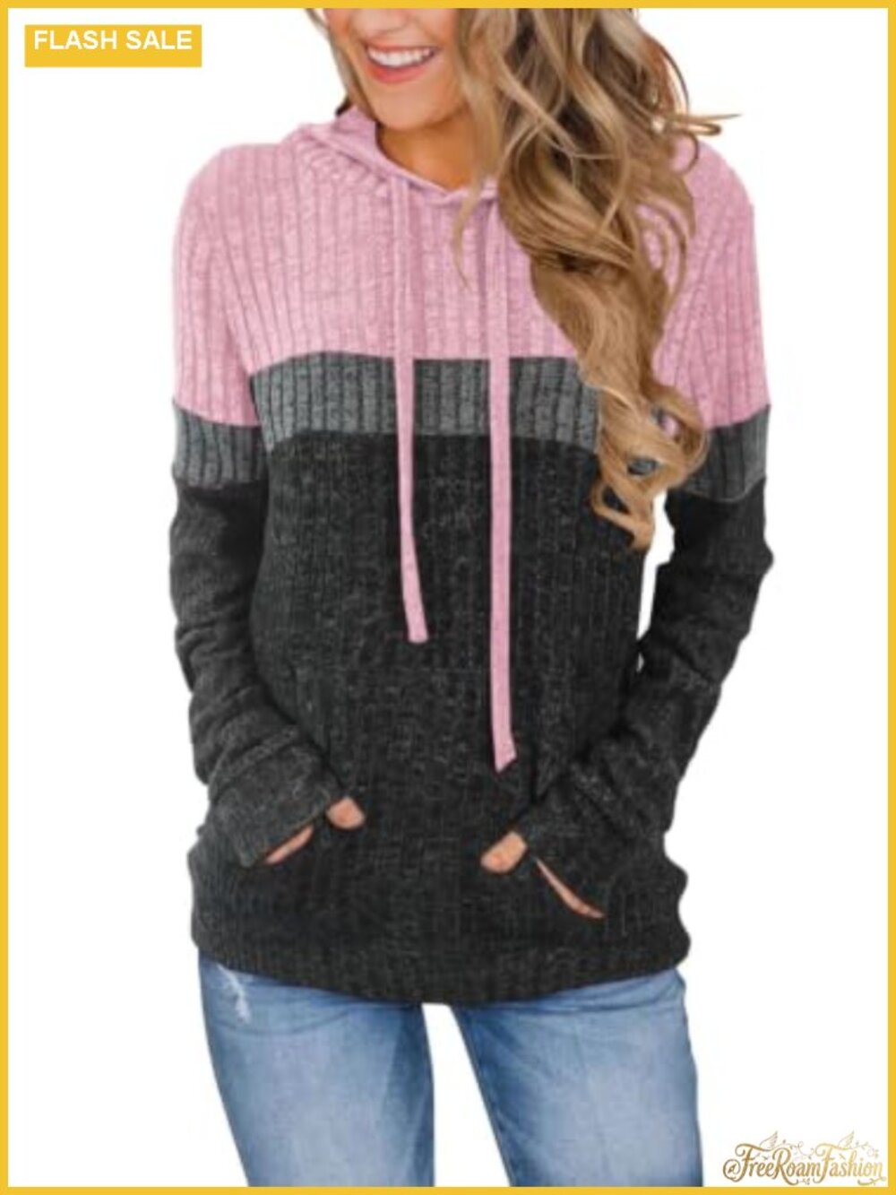 Women's Color Block Knit Hoodie Long Sleeve Pullover Sweater with Pocket